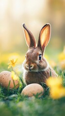 Cute bunny with glowing ears among Easter eggs scene.