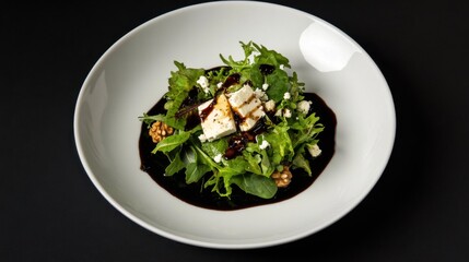 A beautifully plated salad with mixed greens, walnuts, feta cheese, and balsamic glaze,