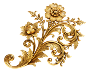 "Intricate Golden Decorative Element with Swirling Floral and Leaf Patterns on an Ornate Surface"