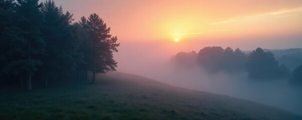 Fototapeta premium Foggy forest at dawn, misty veil lifting slowly, peaceful, calm