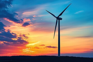 Obraz premium Sunset Casts Vibrant Colors Behind Wind Turbine Silhouette Highlighting Renewable Energy in the Landscape
