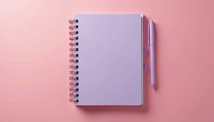 Top view of purple notebook and pen on pink background. Pastel colored blank sketchbook flatlay. Office, study, or writing concept. Back to school, education theme and creative design mock-up.
