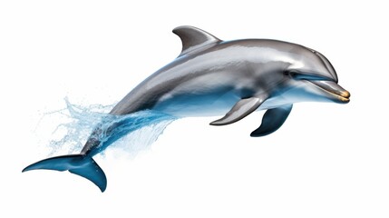 Fototapeta premium a friendly dolphin leaping out of the water, placed on a pure white background