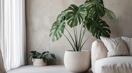A cozy minimalist interior with large monstera plants