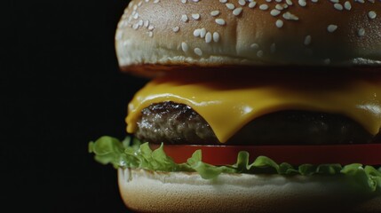 A close-up of a juicy cheeseburger with melted cheese, lettuce, and tomato,