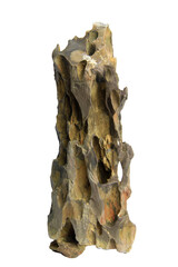 Vertical dragon stone with porous structure and intricate erosion patterns isolated on transparent background. PNG transparency. Aquarium hardscaping and terrarium decoration.