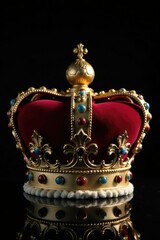 Large, ornate coronation crown on a black backdrop, ornate, sophistication, elegance