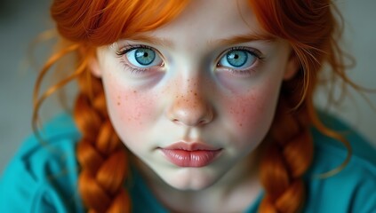 Obraz premium Highly detailed portrait of a girl with vibrant red braids, blue eyes, and fair complexion