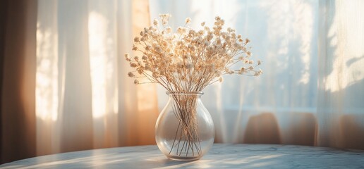 Dried flowers in vase, sunlit window, table