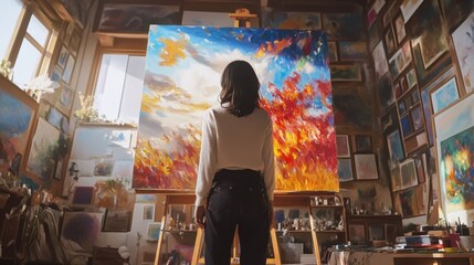 Fototapeta premium A creative artist woman painting on a large canvas