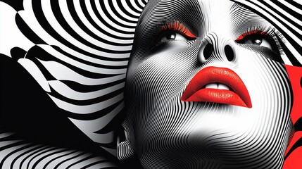 Striking portrait of a woman with bold red lips and graphic black and white patterns