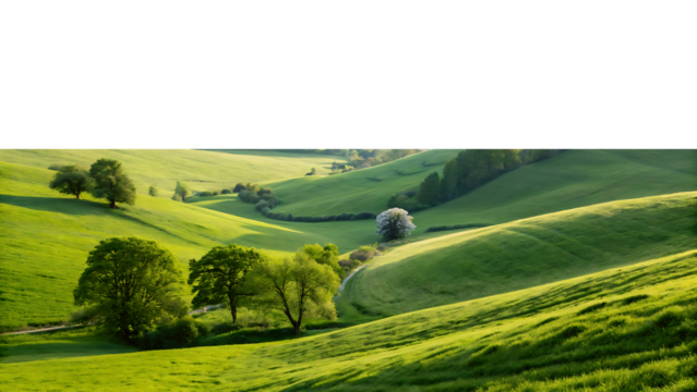 Serene Green Hills Landscape with Trees and Shadows