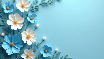 Fototapeta premium Floral design with blue and white flowers, green leaves on pastel blue background. Spring blossom frame with copy space. Card template for Mothers day greeting or wedding invitation.