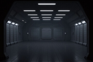 dark room with rows of lights on the walls