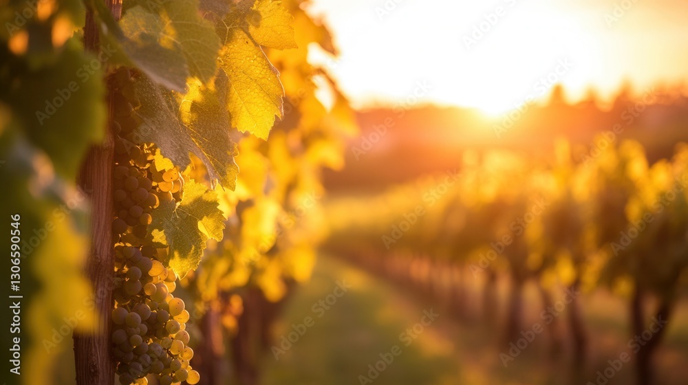 Poster sunset over vineyard with lush grapes and golden light illuminating the landscape in warm hues and s