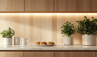 Muffins and Coffee on Kitchen Countertop with Plants in Modern Setting