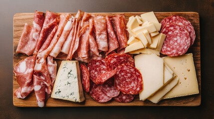 A rustic wooden board with an assortment of Italian cold cuts and cheeses,