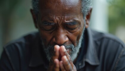 Worried mature black man with grey beard praying God. Seeks divine help, guidance. Senior closes eyes, joins hands in worship. Faith, spirituality concepts. Depression, loneliness themes. Hope,