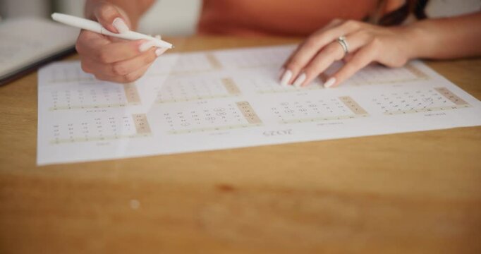Hands, woman and notes on calendar planner for planning schedule, date reminder and appointment. Female person, writing information and annual agenda, time management, events update and deadline goal