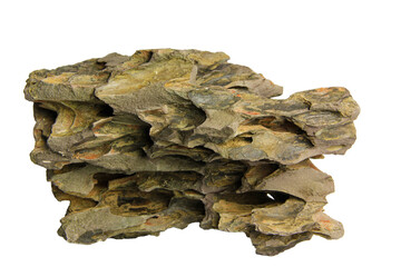 Compact stacked dragon stone with rugged edges for hardscape layouts isolated on transparent background. PNG transparency