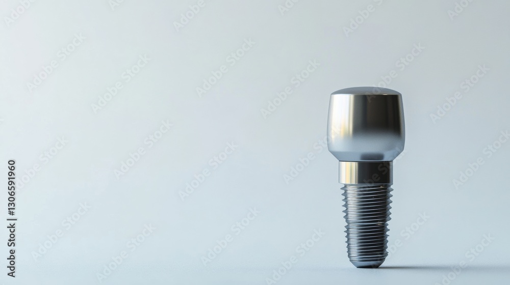 Poster high quality dental implant with metal texture against smooth white background and space for text de