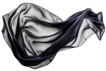 Silk scarf flying in the wind. Waving black satin cloth isolated on transparent background