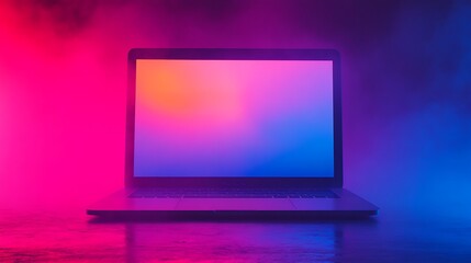 Laptop glowing with vibrant colors on reflective surface, surrounded by smoke and neon lights