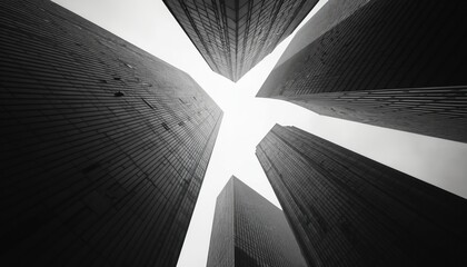 Symmetrical composition of skyscrapers with leading lines directs viewer upward. Tall buildings form urban landscape downtown with city life. Office architecture concept for financial district,
