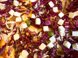 Gourmet Pizza with Radicchio, Feta Cheese, and Green Olives