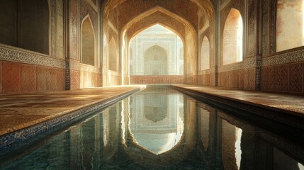 An artistic view of the reflective pool within the Taj Mahal interior