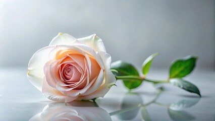 A single, delicate pastel pink rose rests on a smooth, reflective surface, its gentle petals unfurling in soft light, showcasing the beauty of a blossoming flower.