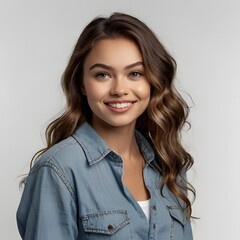 Fototapeta premium Professional Young Woman Smiling in Business Attire, Portrait of a smiling young woman possibly for lifestyle or fashion advertising