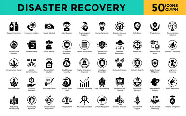 Disaster Recovery icons set with disaster volunteers, emergency hotline, mobile medical, relief supplies, psychological support, humanitarian aid, disaster recovery team icon. Simple glyph vector 
