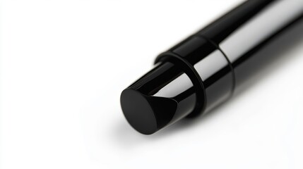 A close up shot of a black cylindrical object on white background