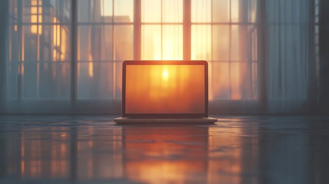 Laptop reflecting sunset on floor against window with sunlight. Abstract background