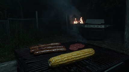 A backyard barbecue with grilled sausages, ribs, and corn on the cob,