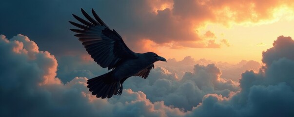 Fototapeta premium Large black raven soaring, dramatic cloudscape, wildlife photography, black