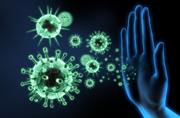 Immune system, protection, immune defense ,virus, bacteria with hand against dark background