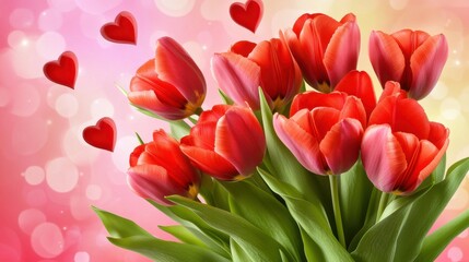 Fototapeta premium A fresh bouquet of tulips with red hearts on a pink