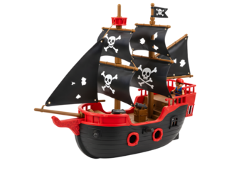Colorful pirate ship toy for children with black sails and skull graphics, perfect for imaginative play and adventures