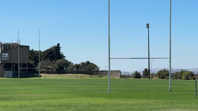 Rugby poles on the university campus field at University of Cape Town&rsquo;s upper campus. Cape Town, South Africa.