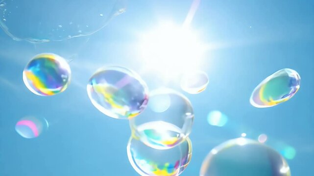 Slow motion footage showcasing iridescent soap bubbles floating gracefully bright blue sky evoking peaceful dreamlike atmosphere stunning high definition video