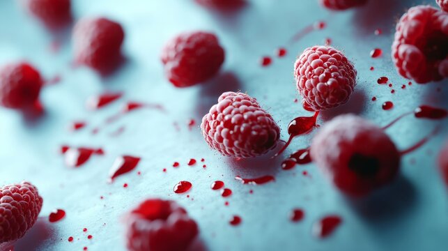 Fresh raspberries scattered on pale blue surface, juicy and delicate, rich red contrast, ultra-detailed, 8k