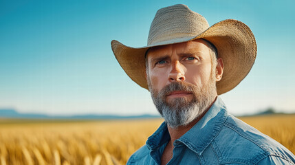 Fototapeta premium cinematic portrait of farmer in wheat field, showcasing determination and strength. man wears straw hat and denim shirt, embodying rural life and hard work