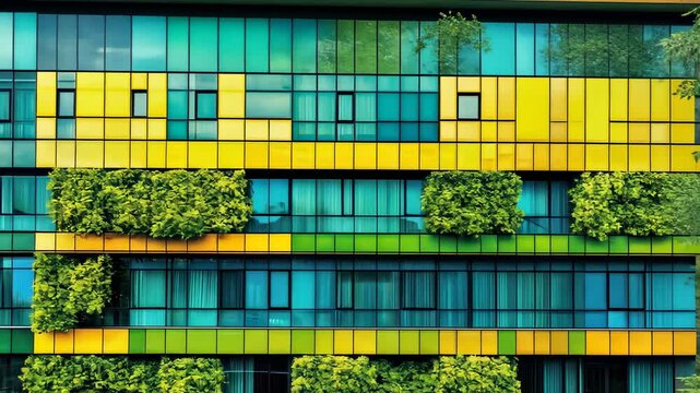 Modern architectural facade featuring green vegetation, vibrant colors, and a repeating modular pattern.