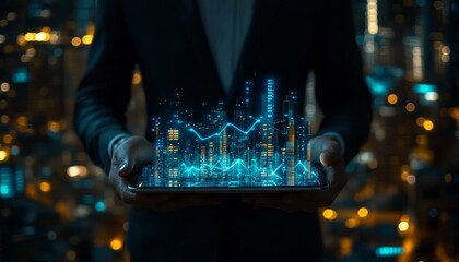 Businessman Holds Tablet Displaying Glowing Blue Growth Graph, Modern Cityscape Background