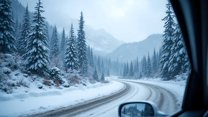 Winter Mountain Drive Through Snow-Covered Forest Path