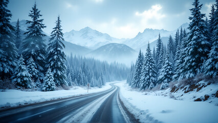 Snowy Mountain Road Through Winter Forest Landscape