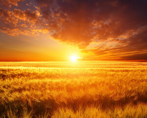 Obraz premium An intense summer sky backdrop with a blurred field of warm golden orange and yellow