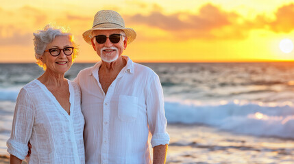 senior couple enjoying romantic moment on beach at sunset, radiating happiness and love. warm colors of sunset create beautiful backdrop for their joyful expressions